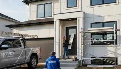 Technician repairing exterior door with vinyl siding in Tulsa, OK home