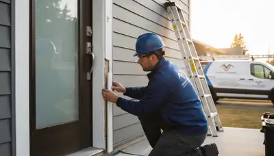 Technician repairing front door with new vinyl siding in Tulsa, OK home exterior