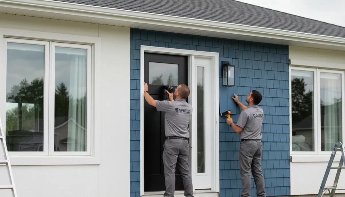 Technician repairing warped exterior door on Tulsa, OK home with vinyl siding