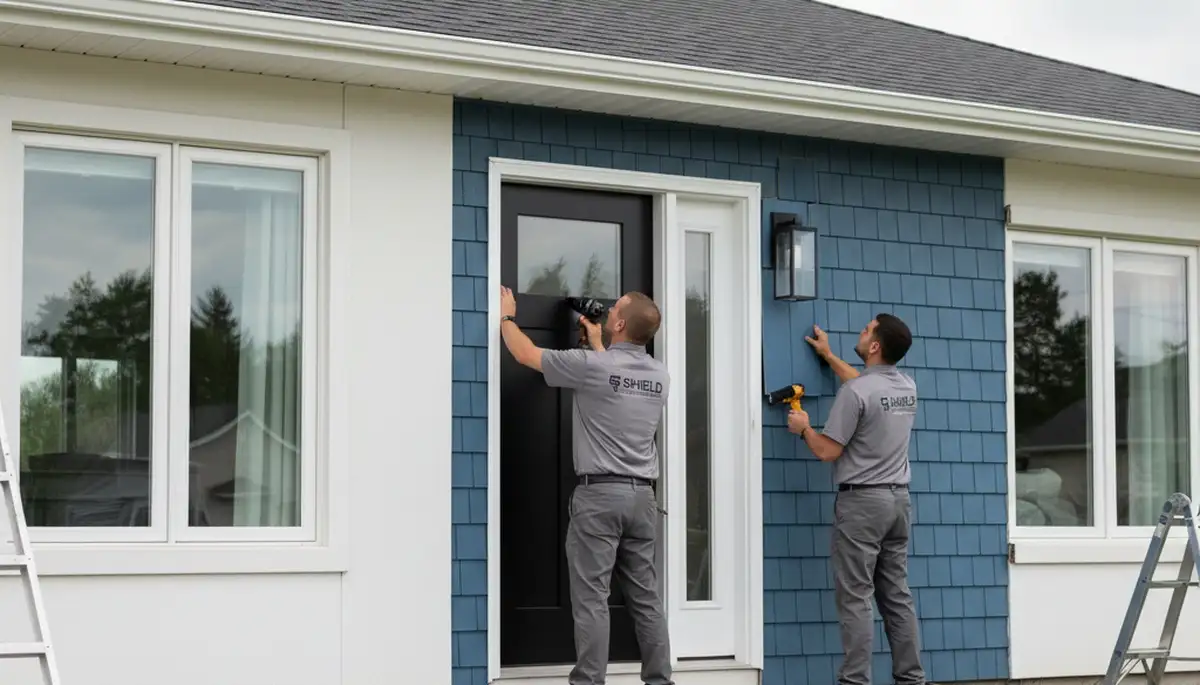 Technician repairing warped exterior door on Tulsa, OK home with vinyl siding