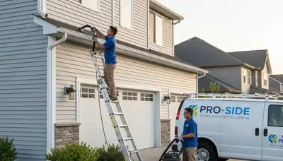 Technician performing gutter cleaning on a Tulsa OK home exterior with durable vinyl siding