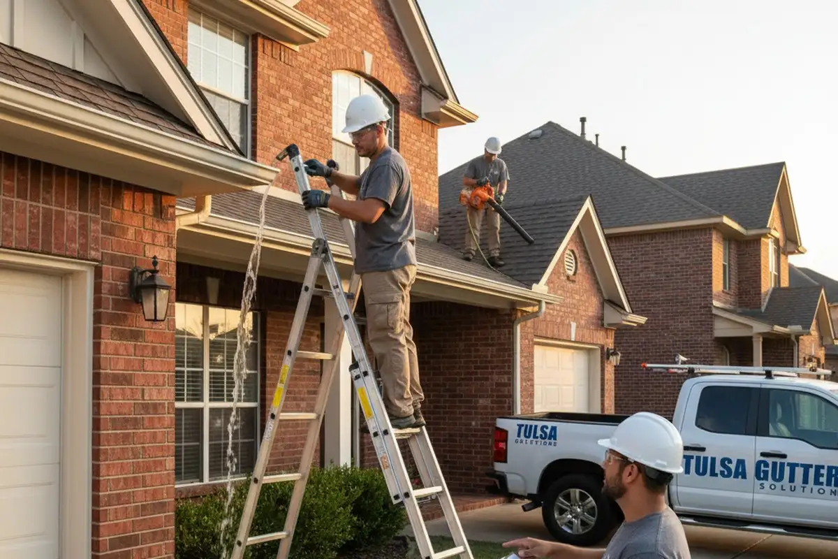 Technician inspecting cleaned gutters for quality and drainage at Tulsa OK home vinyl siding service