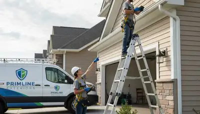 Technician performing vinyl siding and gutter inspection on Tulsa OK home exterior