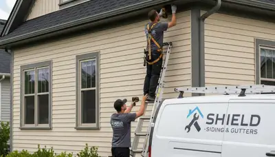 Technician performing gutter repair on vinyl siding home in Tulsa, OK