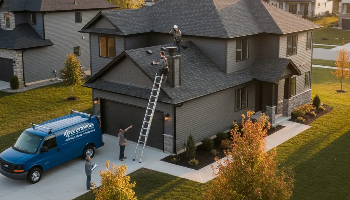 Roof inspection professional assessing shingles on Tulsa, OK home exterior for storm or hail damage