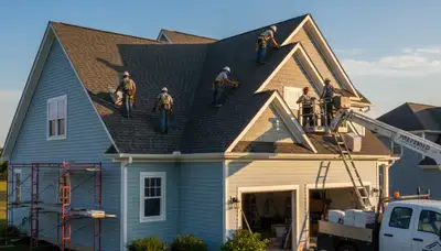 Roof installation crew working on residential home in Tulsa, OK with durable vinyl siding