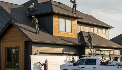 Roof repair and vinyl siding experts working on a Tulsa OK home exterior renovation