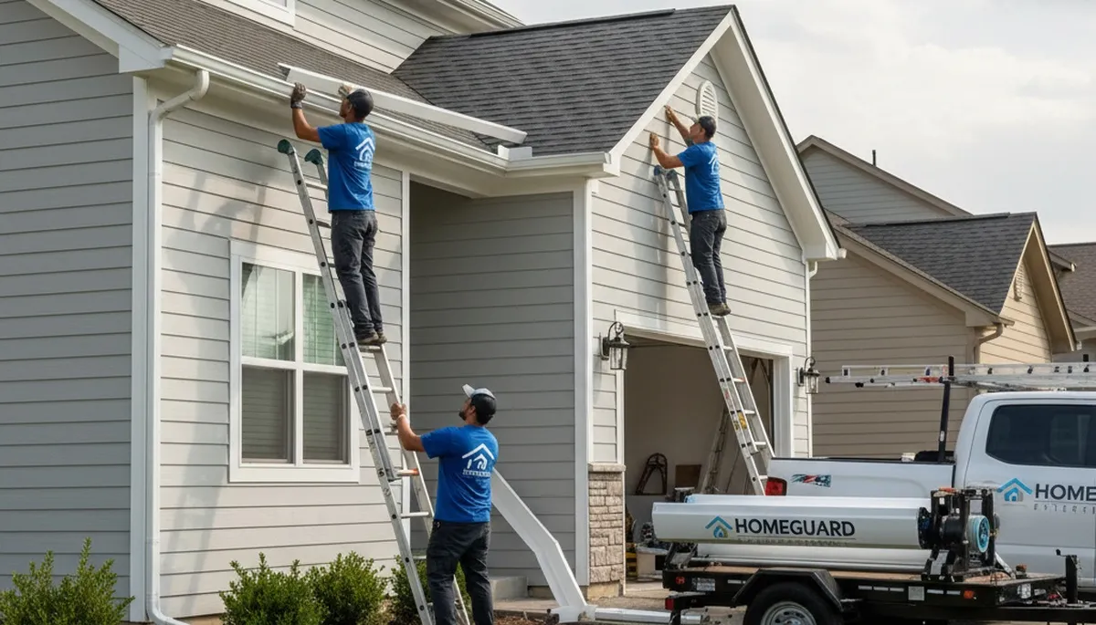 Seamless gutter installation on Tulsa OK home by Next Level Exteriors vinyl siding specialists