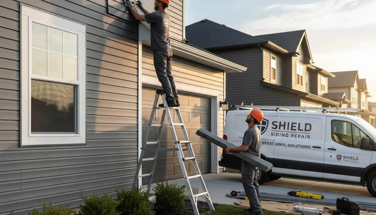Technician repairing damaged vinyl siding on Tulsa OK home exterior by Next Level Exteriors