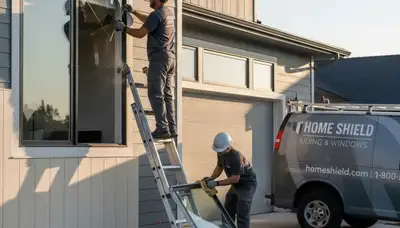Technician repairing vinyl window frame in Tulsa, OK home exterior by Next Level Exteriors